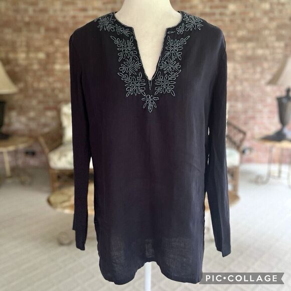 LANDS END Women’s Large 100% Linen Beaded Neckline Popover Tunic Top Bust Navy - Picture 1 of 12